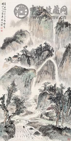 钱瘦铁 辛丑(1961年)作 黄山人字瀑 立轴 纸本