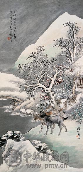 汪琨 柳滨 雪天双犬 立轴 设色纸本