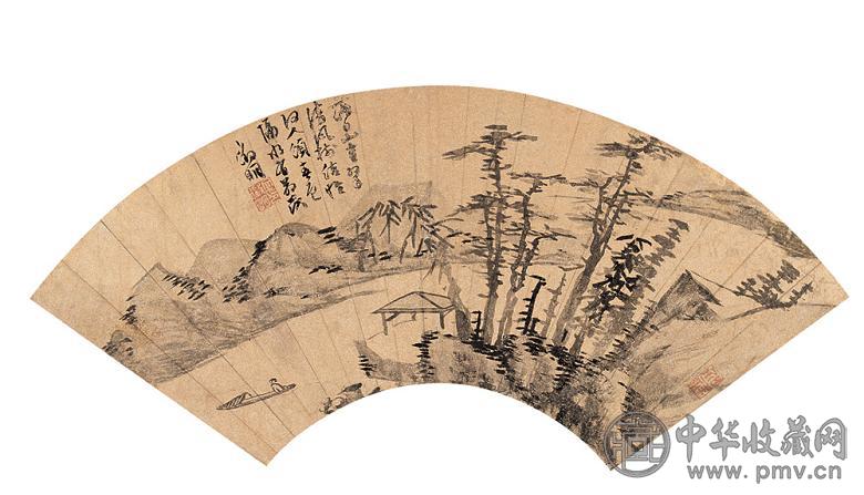 文徵明 仿云林溪亭图 扇面 水墨金笺