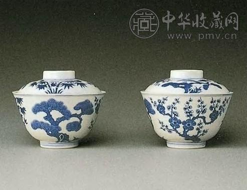 清光绪 青花松碩梅纹盖 碗(1对)
