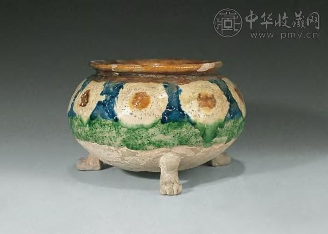 唐 三彩加蓝彩三足鍑