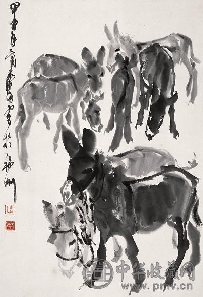 黄胄 1984年作 七驴图 立轴 水墨纸本