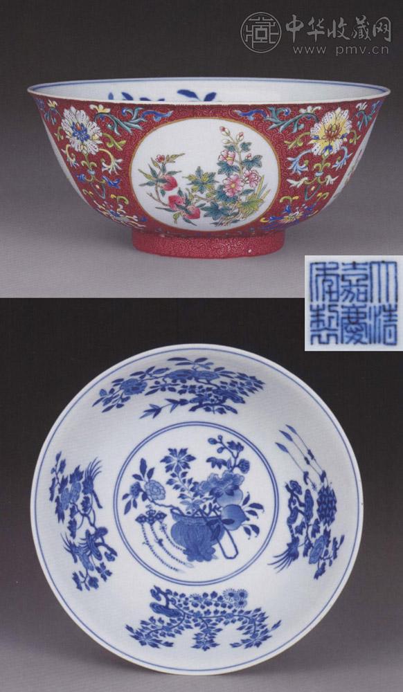 清嘉庆 胭脂紫地轧道粉彩花卉纹大碗