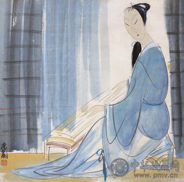 林风眠 抚琴仕女图 镜心 设色纸本