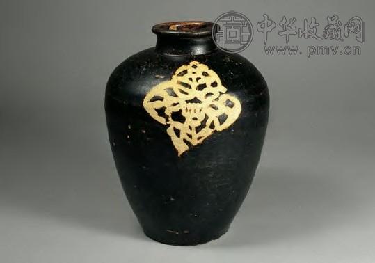宋 吉州窑黑釉剪纸花纹瓶