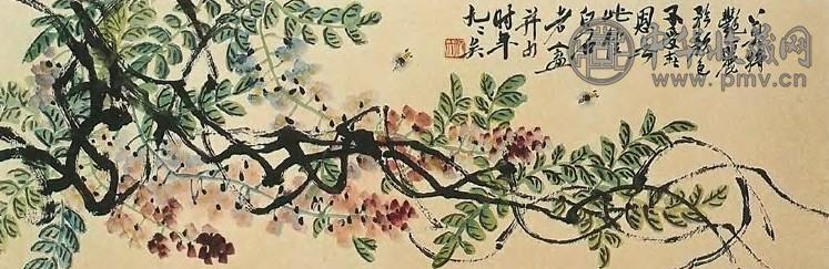 齐白石 八十一岁作 紫藤蜜蜂 横披 设色纸本