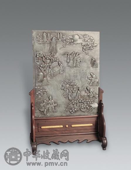 清光绪 石刻松下高士图台屏