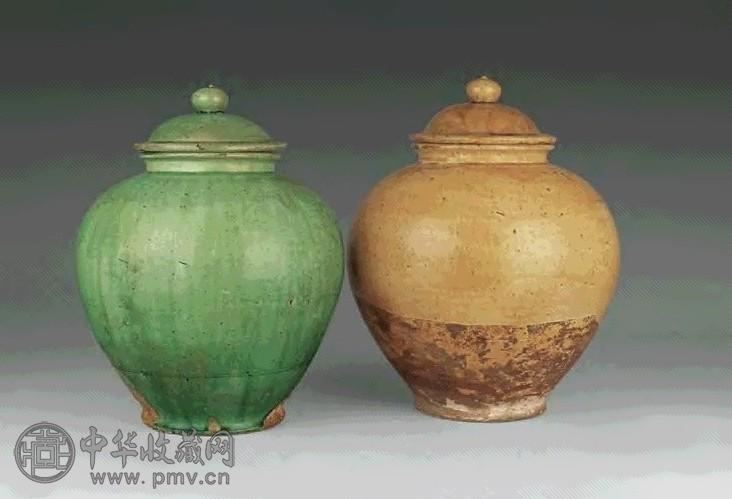 唐 黄釉、绿釉盖罐(2只)