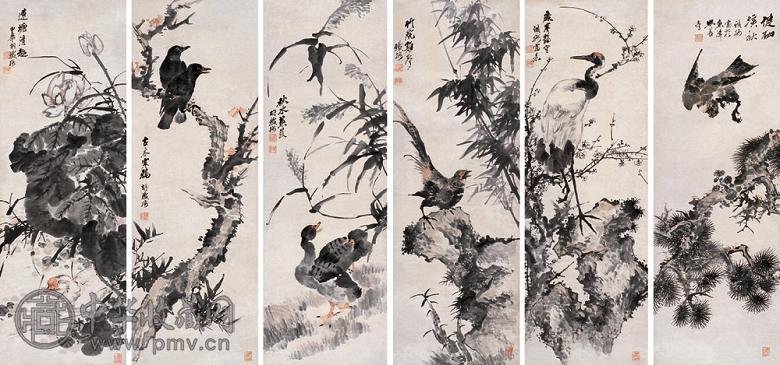 胡璋 花鸟六条屏 六屏 设色纸本