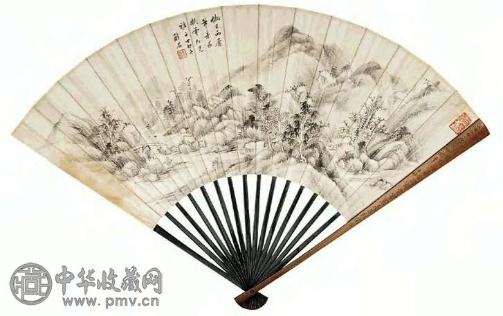 李涛 叶尔恺 山水 草书 成扇 水墨纸本