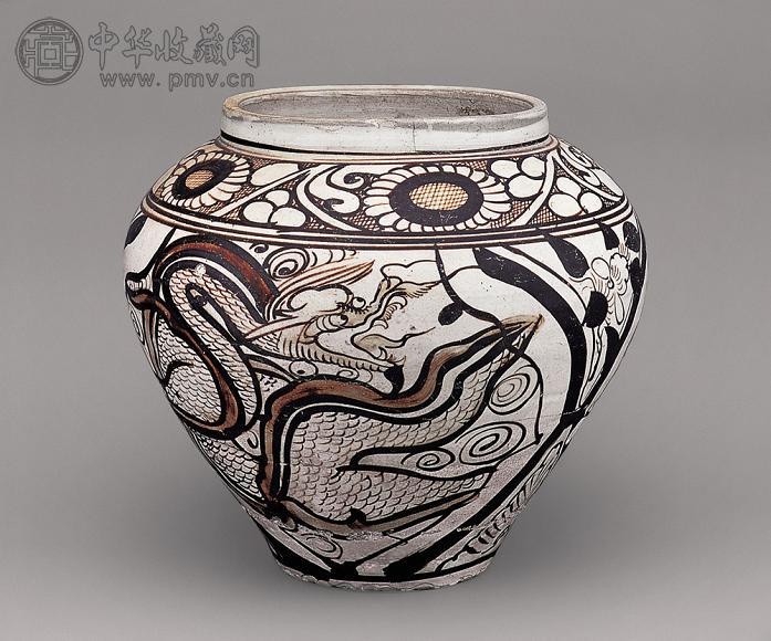 元 磁州窑开光龙凤纹罐