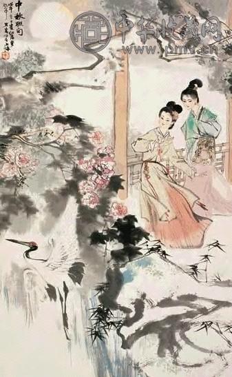 刘旦宅 中秋联句 立轴 设色纸本