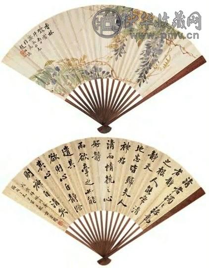 赵叔孺 紫藤春风图、书法 成扇 设色纸本