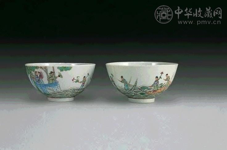 清道光 粉彩人物故事碗 一对