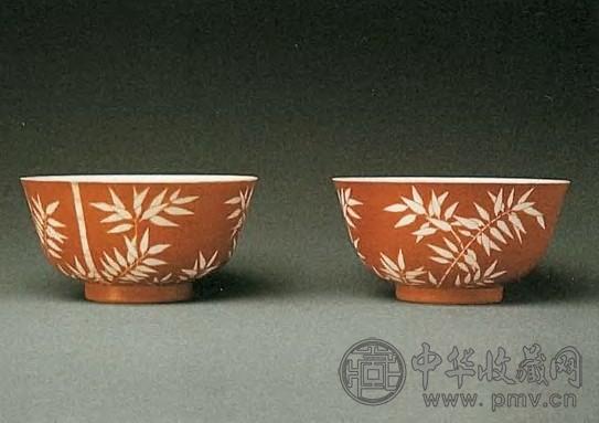 清光绪 矾红彩留白竹纹大碗(1对)