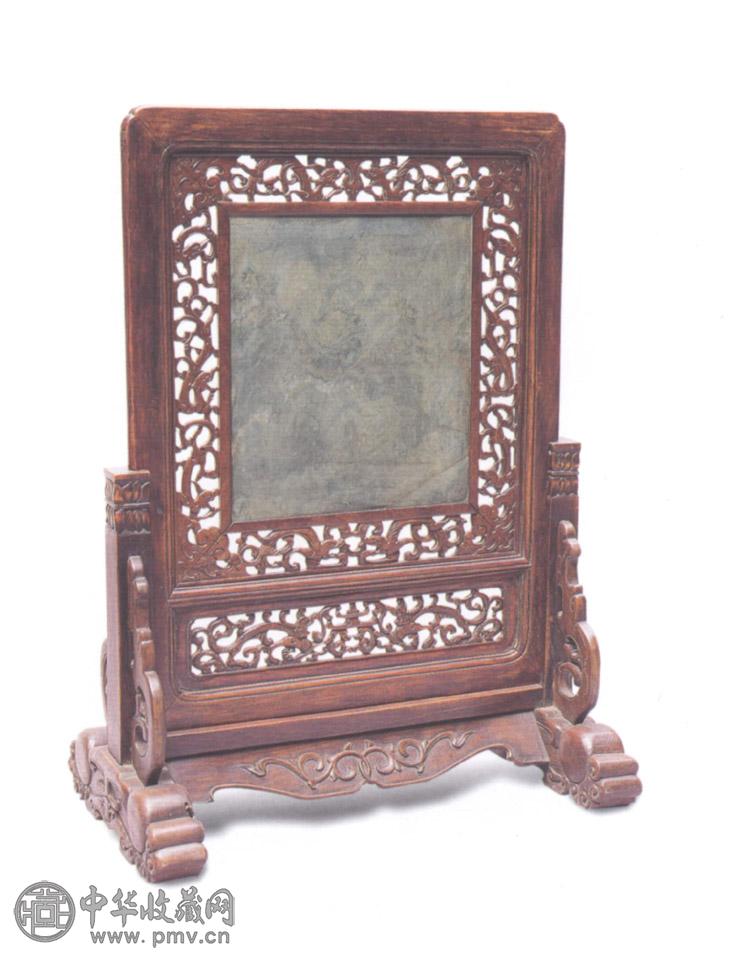 清 黄花梨雕螭龙绿石插屏