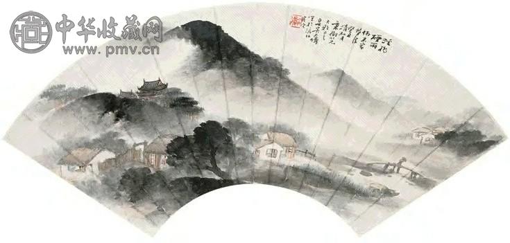 吴石仙 1913年 溪桥烟雨 扇面 纸本设色