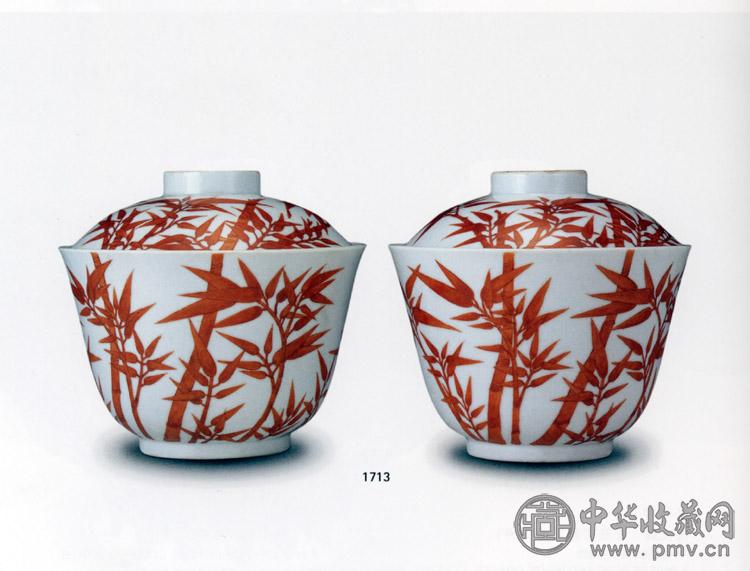 清光绪 红彩竹子盖碗(2件)