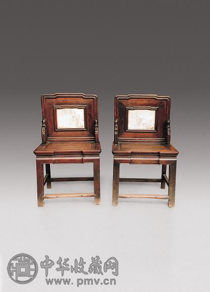 清 红木嵌石靠背椅(1对)