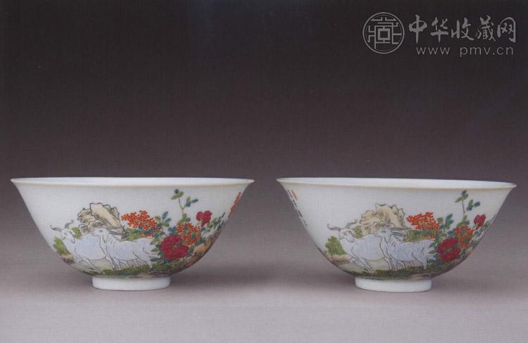 清道光 粉彩绘三羊开泰图碗(1对)