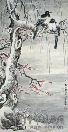 陆翀 辛巳(1941年)作 雪梅寒禽 立轴 设色纸本