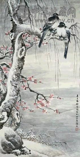 陆翀 辛巳(1941年)作 雪梅寒禽 立轴 设色纸本