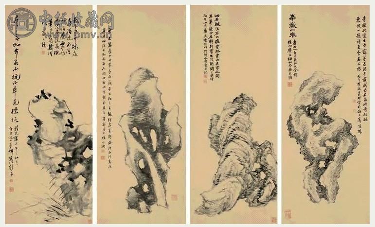 陆恢 1906年作 灵石 四屏 水墨纸本