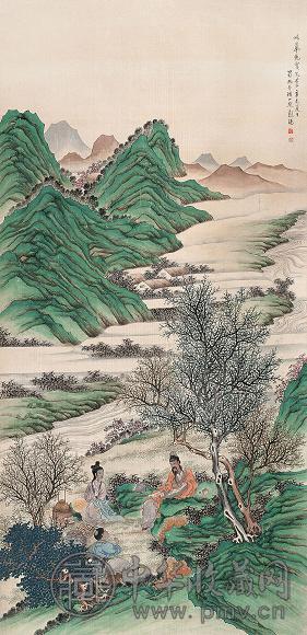 彭旸 1931年作 林中清话图 立轴 设色纸本