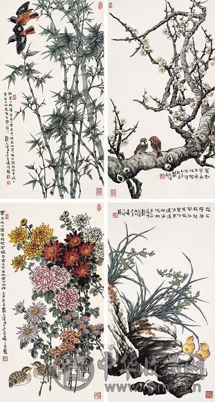 钱行健 2005年作 寒天丛芳图(4帧) 镜心 设色纸本