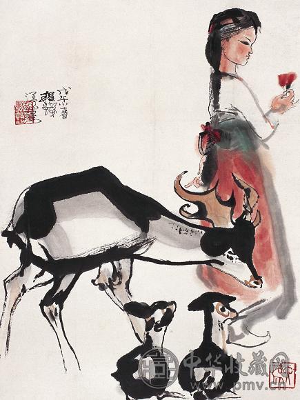 程十发 戊午(1978年)作 少女与鹿图 轴 设色纸本