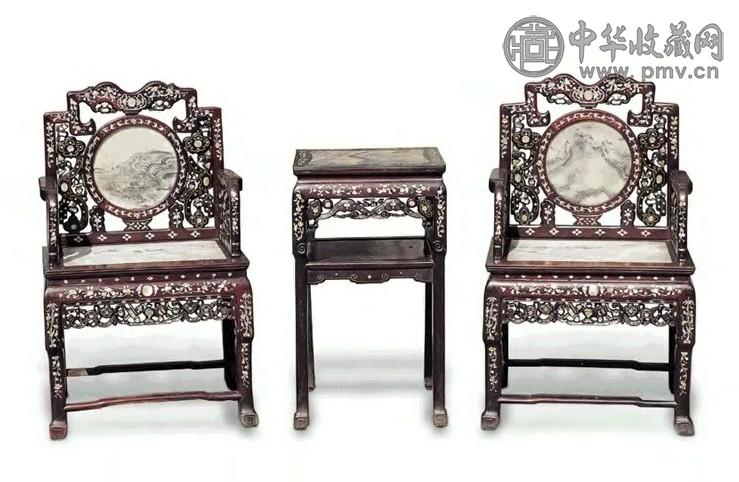 清 红木嵌螺钿理石太师椅、茶几 清 红木嵌螺钿理石太师椅、茶几