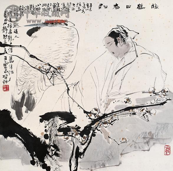 王西京 辛未(1991年)作 梅鹤同春图 镜框 设色纸本