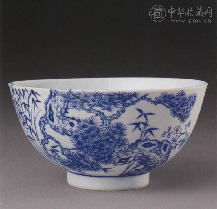 清宣统 蓝彩三友图碗