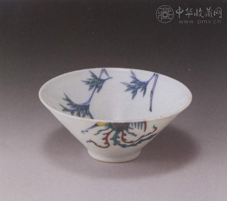 清康熙 斗彩凤竹过枝斗笠碗