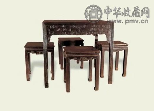 清 红木理石面回纹方桌、凳(5件)