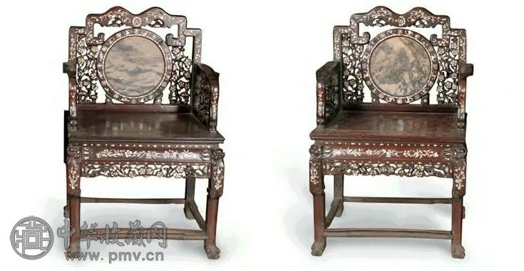 清 红木嵌螺钿理石太师椅