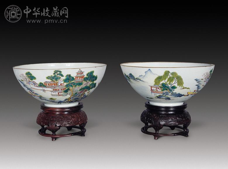 民国 粉彩山水大碗(1对)
