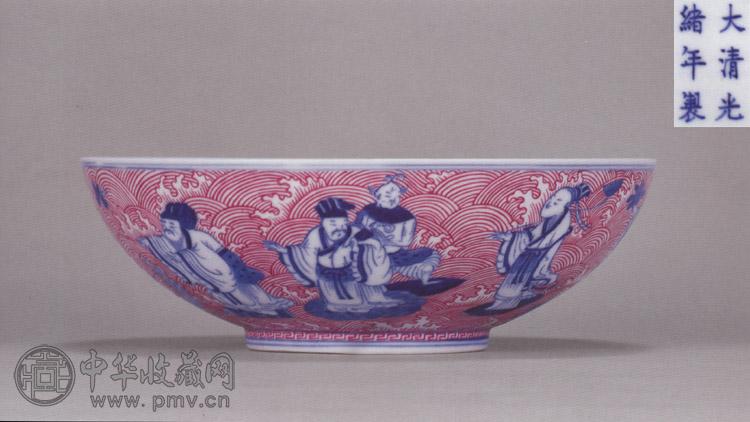 清光绪 胭脂红彩青花八仙图碗