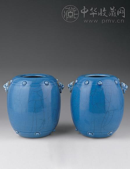 清 天青釉辅首鼓式罐(1对)