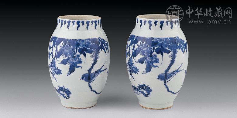 清顺治 青花花鸟莲子罐(1对) 清顺治 青花花鸟莲子罐(1对)