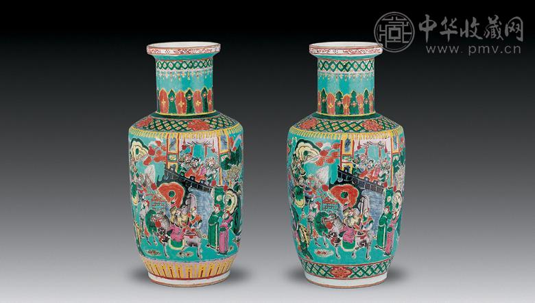 清 松石绿地五彩刀马人棒槌瓶(1对)
