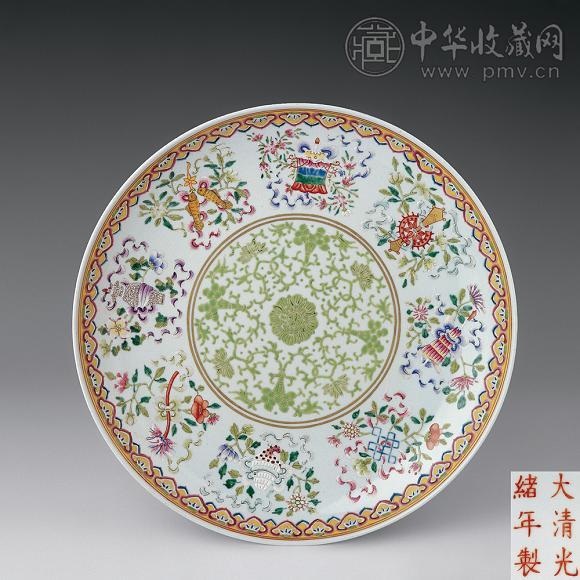 清時代 光緒年製款 古陶磁器 粉彩 喜上眉梢紋 盤 賞