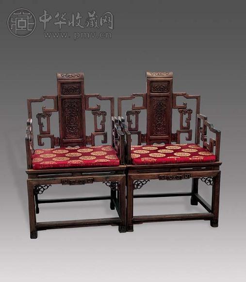 红木雕花卉太师椅(2件)