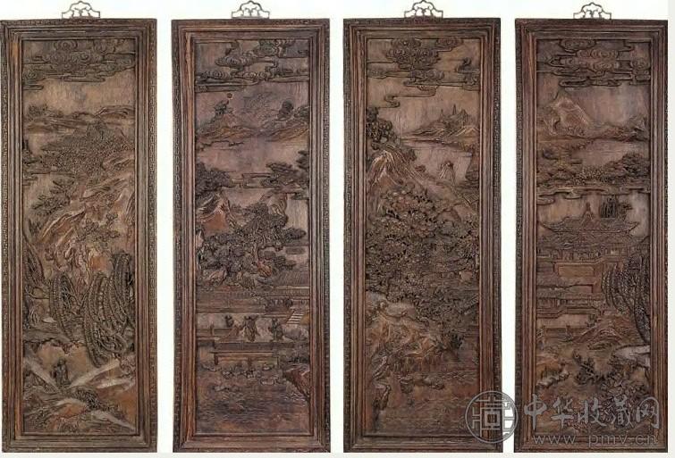 清 硬木浮雕山水人物四扇屏