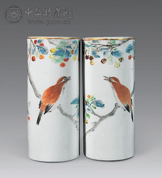 清光绪 浅绛彩花鸟纹帽筒(1对)