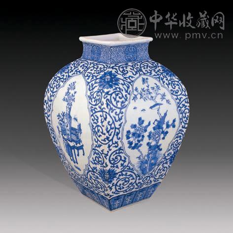 清光绪 青花勾莲开光方罐