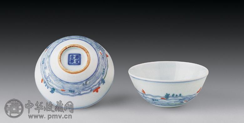 清道光 斗彩落花流水杯(1对)