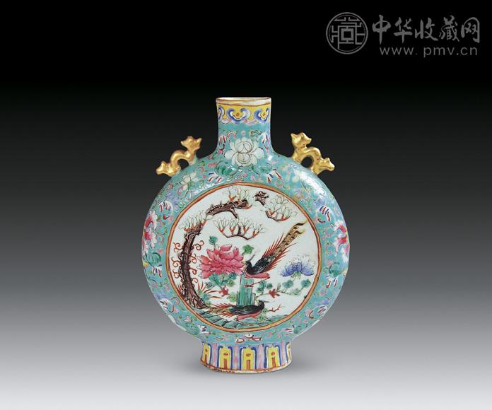 清代 粉彩人物花鸟扁瓶