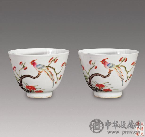 清光绪 粉彩花鸟纹小杯(1对)