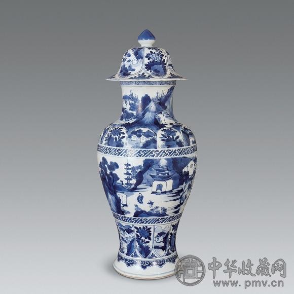 清康熙 青花山水花卉人物纹盖罐 清康熙 青花山水花卉人物纹盖罐